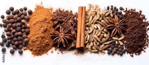 Top view copy space image of various seasoning ingredients including cinnamon cocoa badian and coffee used in cooking desserts showcased on a white background photo