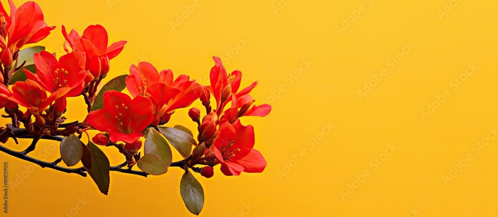 Autumn leaves of a red azalea contrasting with a vibrant yellow backdrop creating a stunning copy space image