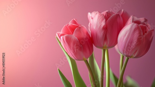 Vibrant pink tulips placed in a vase on a matching pink background