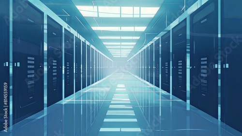 Futuristic data center with rows of servers and blue lighting. Perspective view emphasizes high-tech environment and modern technology. Illustration suitable for themes of data storage, IT, 