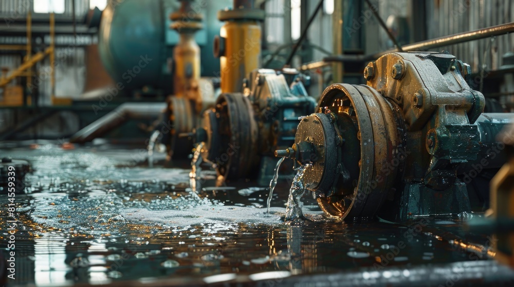 A detailed view of a machine with water flowing out. Suitable for industrial or environmental concepts A detailed view of a machine with water flowing out. Suitable for industrial or environmental concepts