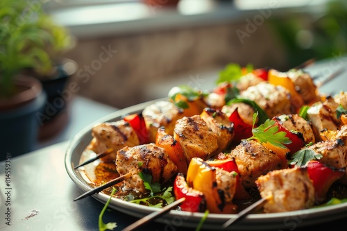 sizzling chicken kebabs with fresh vegetables