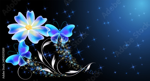 Fairytale night sky with flowers and magical blue butterflies and floral ornament and stars. Fantasy sparkle background.