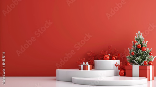 A red wall with a white pedestal in the middle and a Christmas tree on top