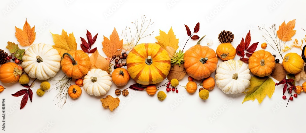 An autumn themed arrangement featuring mini pumpkins dried flowers leaves and plants on a white background This composition embodies the essence of autumn fall and Thanksgiving with a flat lay perspe An autumn themed arrangement featuring mini pumpkins dried flowers leaves and plants on a white background This composition embodies the essence of autumn fall and Thanksgiving with a flat lay perspe