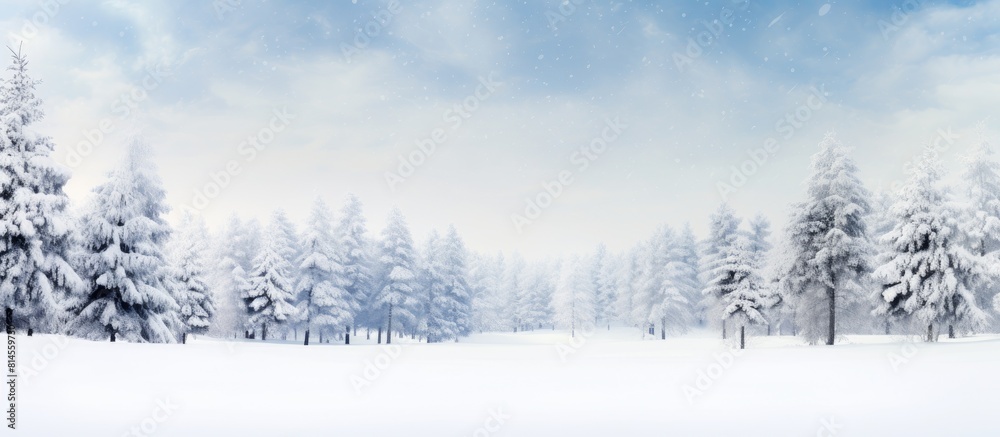 A serene winter forest with pine cones scattered amongst the pure white snow creating a copy space image A serene winter forest with pine cones scattered amongst the pure white snow creating a copy space image