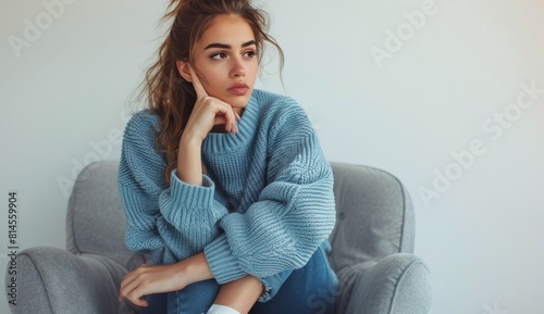 Woman Sitting on Chair in Blue Sweater
