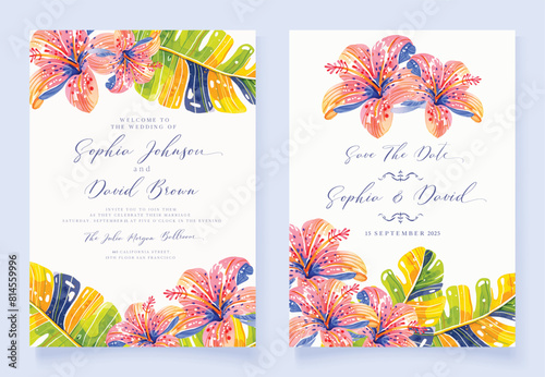 Watercolor tropical wedding invite vector