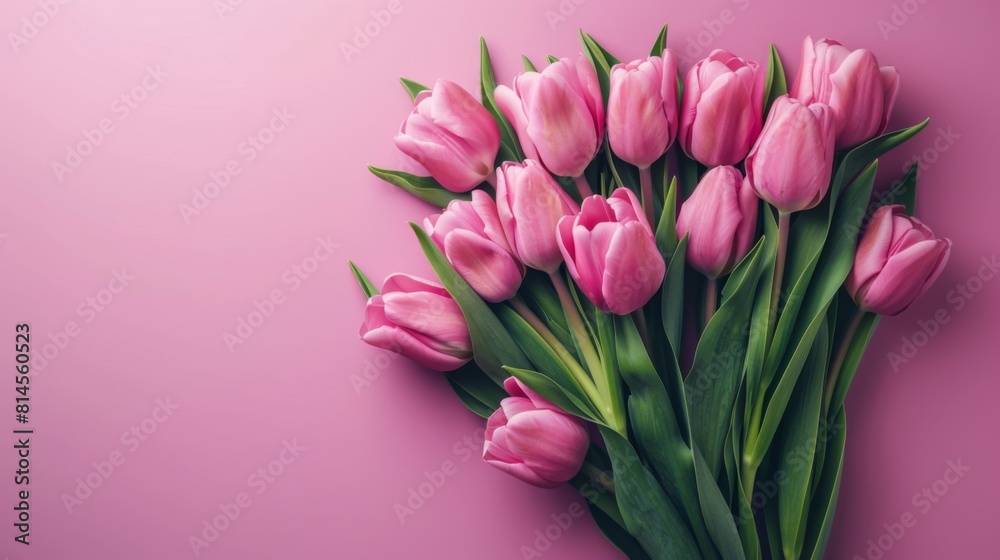 Beautiful pink tulips bloom on a soft pink canvas in a celebration of Mothers Day Beautiful pink tulips bloom on a soft pink canvas in a celebration of Mothers Day