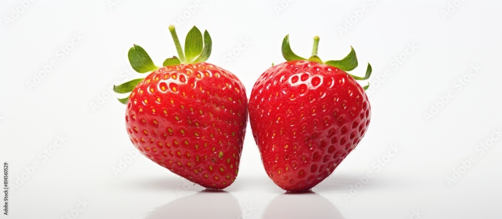 A split fresh strawberry on a white backdrop with room for text or images. with copy space image. Place for adding text or design A split fresh strawberry on a white backdrop with room for text or images. with copy space image. Place for adding text or design