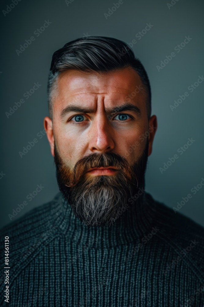 Obraz premium Close up of a handsome man with a beard, wearing a sweater