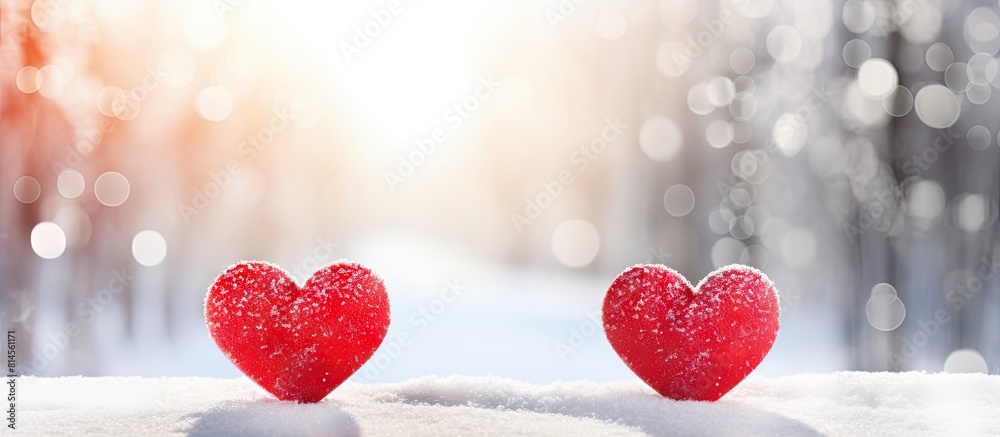 Fototapeta premium A Valentine s Day themed image showcasing red hearts on sparkling snow serving as a love symbol with ample copy space