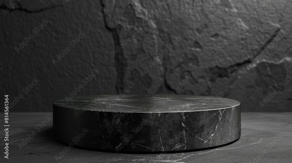 A black marble pedestal sits on a grey stone surface