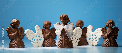 A handmade ceramic angel figurine with chocolate gingerbread bundles on a blue background Perfect for Valentine s Day baking Copy space image photo