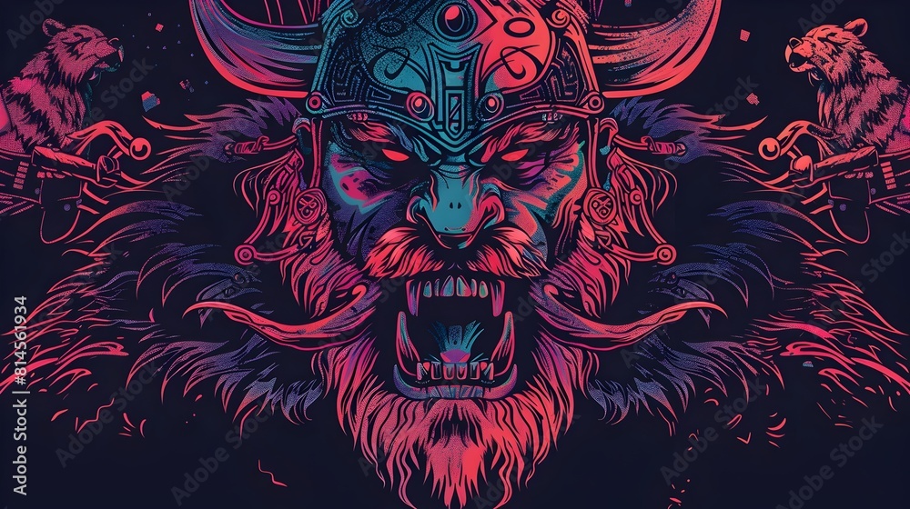 Fierce Viking Berserker Clad in Bear and Wolf Pelts Frenzied in Battle with Synthwave Aesthetic Fierce Viking Berserker Clad in Bear and Wolf Pelts Frenzied in Battle with Synthwave Aesthetic