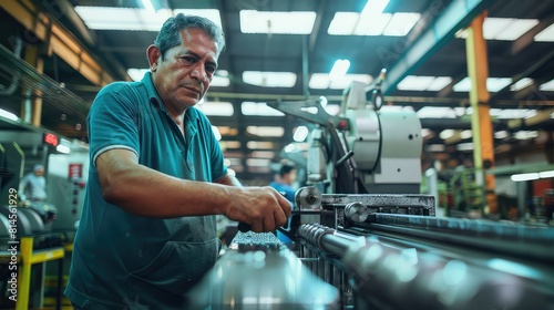 In a bustling factory setting, a Latin American man operates a cutting machine, contributing to the creation of quality products. 