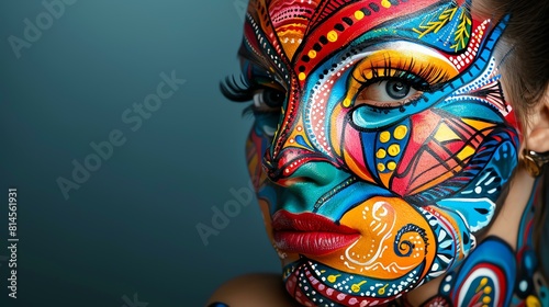 A closeup of a woman's face with bright and colorful makeup. The woman is looking to the side and her face is turned at an angle.