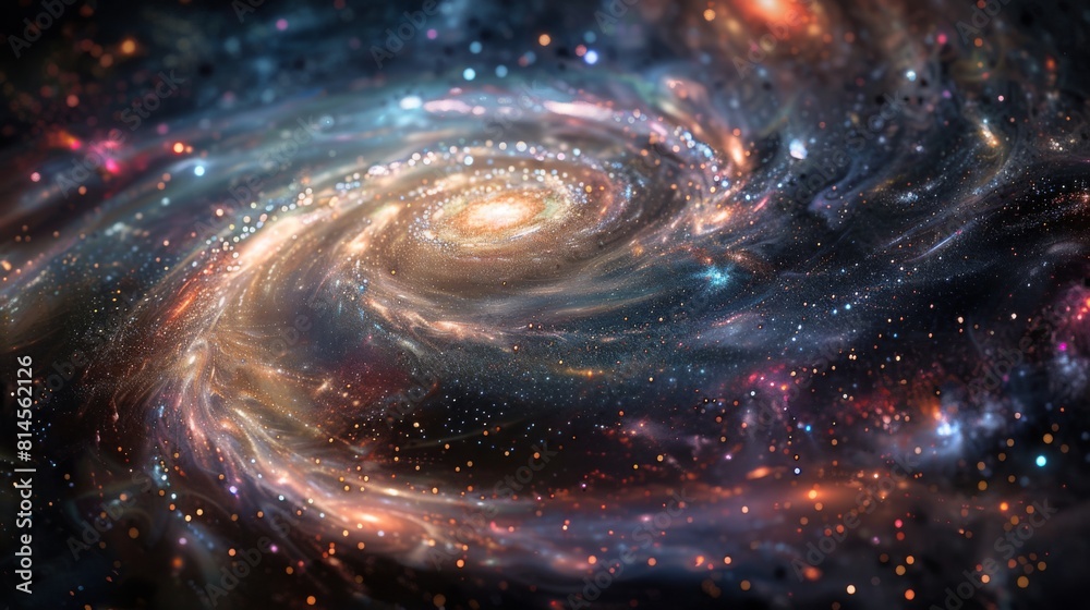 Obraz premium A spiral galaxy with bright core and swirling arms dotted with stars against the cosmos.