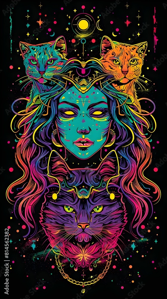 Freyja Goddess of Love and Fertility with Cats and Brsingamen Necklace in Synthwave Style Freyja Goddess of Love and Fertility with Cats and Brsingamen Necklace in Synthwave Style
