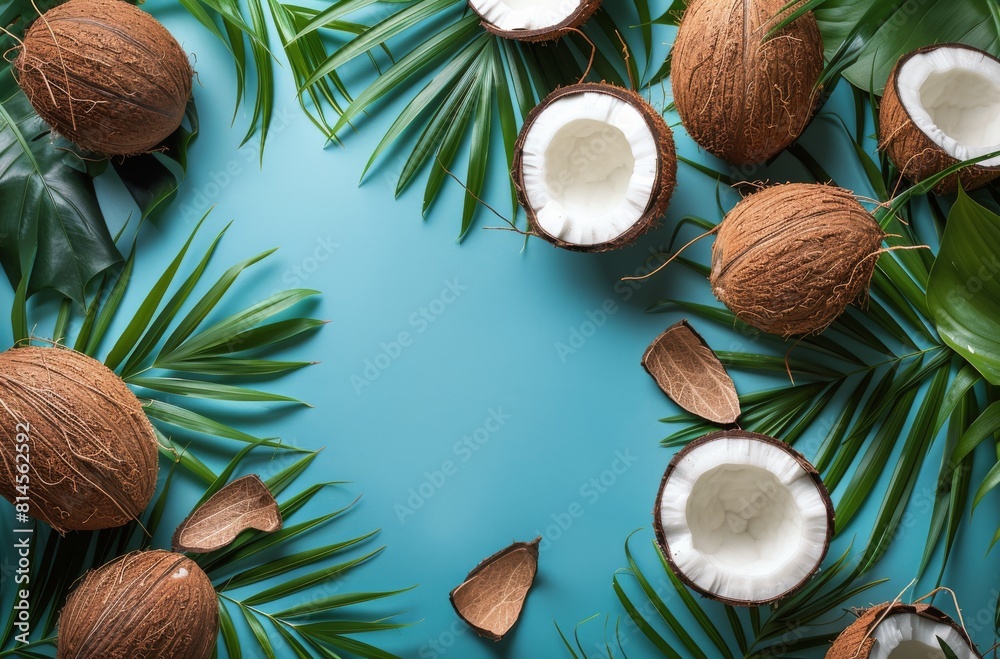 Coconuts and Leaves on Blue Background Coconuts and Leaves on Blue Background