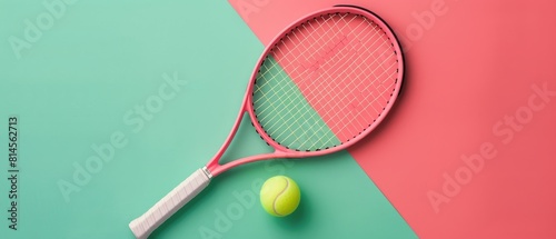 Pink Tennis Racket and Ball on Green and Pink Surface