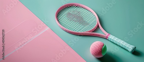 Pink Tennis Racket and Ball on Green and Pink Surface