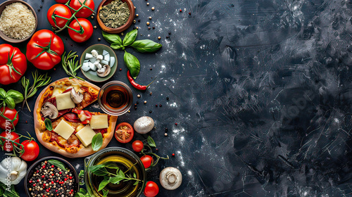 Pizza ingredients and spices for cooking mushrooms, tomatoes, cheese, onion, oil, pepper, salt, basil, olive and delicious italian pizza on black concrete background. Copyspace. Top view. Banner