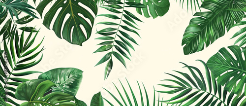 Vibrant tropical palm print featuring lush monstera leaves and ferns on a white background. photo