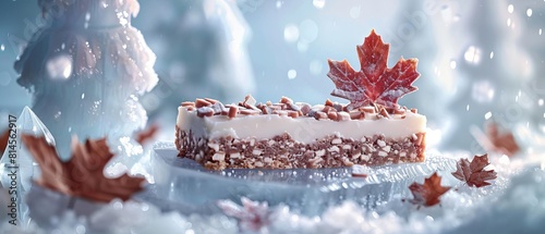 Create a scene with Canadian Nanaimo bars in a 3D winter wonderland setting, floating around an ice sculpture of a maple leaf photo