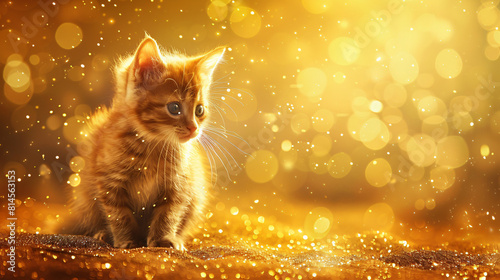 Charming kitten on a golden background