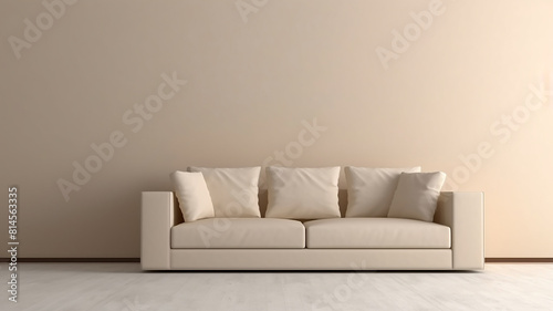 Beige sofa with cushions against a white blank wall, modern interior in a minimalist style