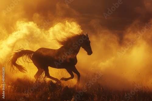 Majestic horse galloping in a dramatic sunset haze  silhouetted against an intense  fiery sky