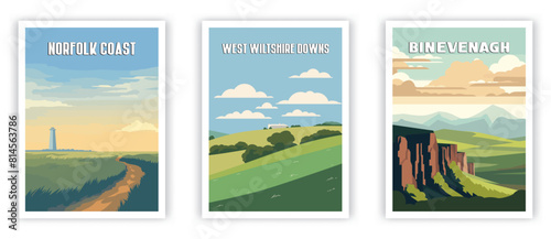 Norfolk Coast, West Wiltshire Downs, Binevenagh Illustration Art. Travel Poster Wall Art. Minimalist Vector art