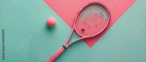 Pink Tennis Racket and Ball on Green and Pink Surface