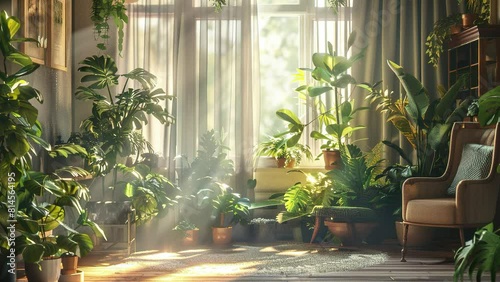 Plant lover's home decoration. Living room for house plant lovers. Environment Day. Abundant potted plants indoors. Plant and environmental lover. Sunlight shining into the room. Modern living room photo