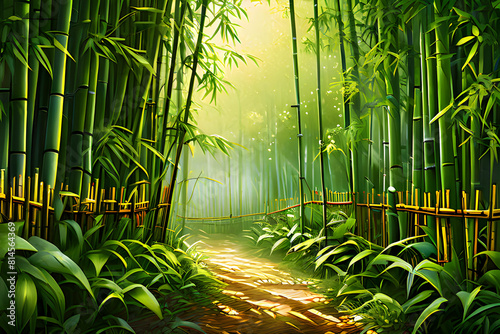 Bamboo fence woven tightly from green bamboo stalks  texture detailed in a panoramic view  backdrop of dense bamboo forest  soft diffused natural light highlighting the intricacies of the weave.