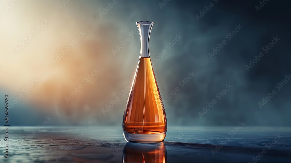 Capture of a tall, slender perfume bottle, its elongated shape elegantly reflected and framed for a label mockup on the reflective surface Capture of a tall, slender perfume bottle, its elongated shape elegantly reflected and framed for a label mockup on the reflective surface
