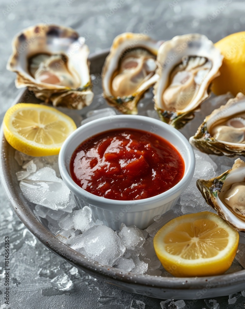 Plate of Oysters With Ketchup and Lemon Wedges Plate of Oysters With Ketchup and Lemon Wedges