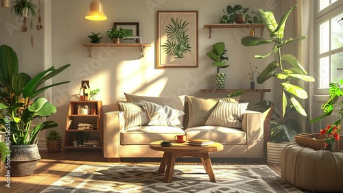 Plant lover's home decoration. Modern bright style interior living room with minimalist sofa and tropical plants. Natural light. Modern living room. Living room with full of plants. Environment Day photo