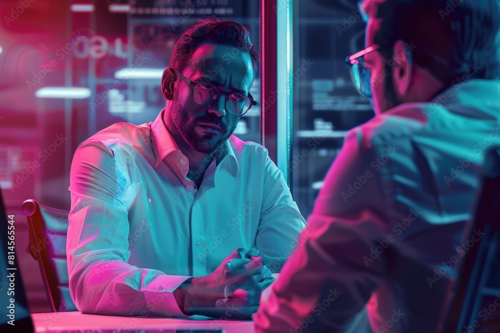 Obraz premium Two men sitting at a table with a laptop. Suitable for business and technology concepts