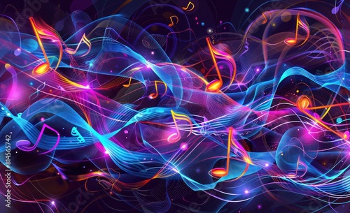 Vibrant Neon Music Notes in a Dynamic Abstract Symphony of Colors - Generative AI