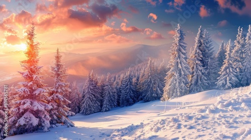 Breathtaking Winter Sunset Over Snowy Mountains, Illuminating Frosty Trees, Generative AI © Gelpi