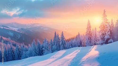 Breathtaking Winter Sunset Over Snowy Mountains, Illuminating Frosty Trees, Generative AI © Gelpi