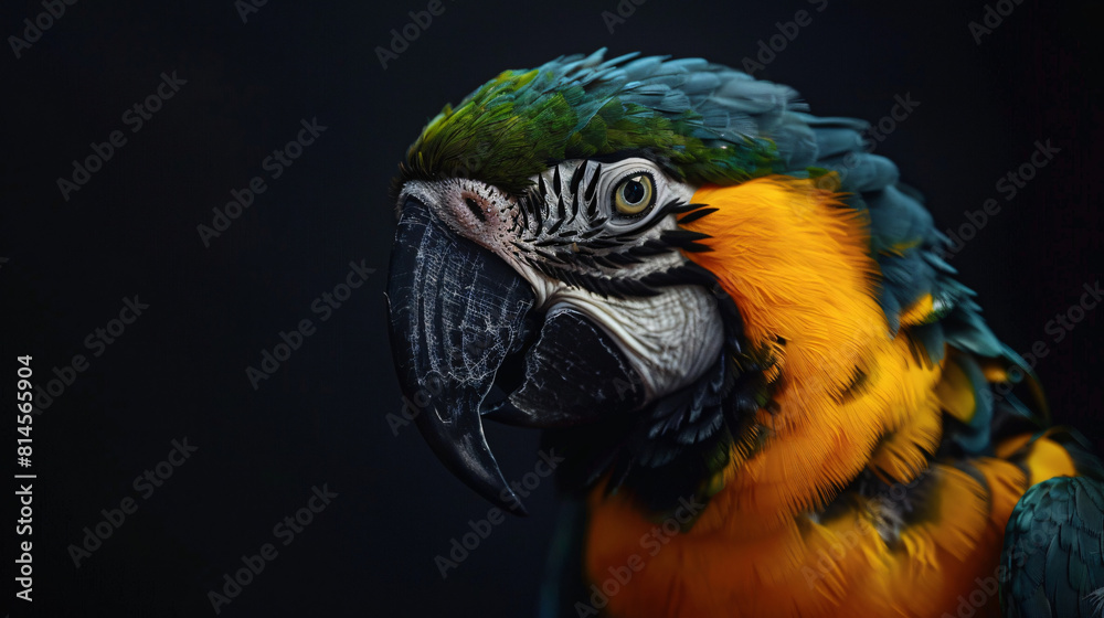 Close-up of abstract black gold yellow parrot
