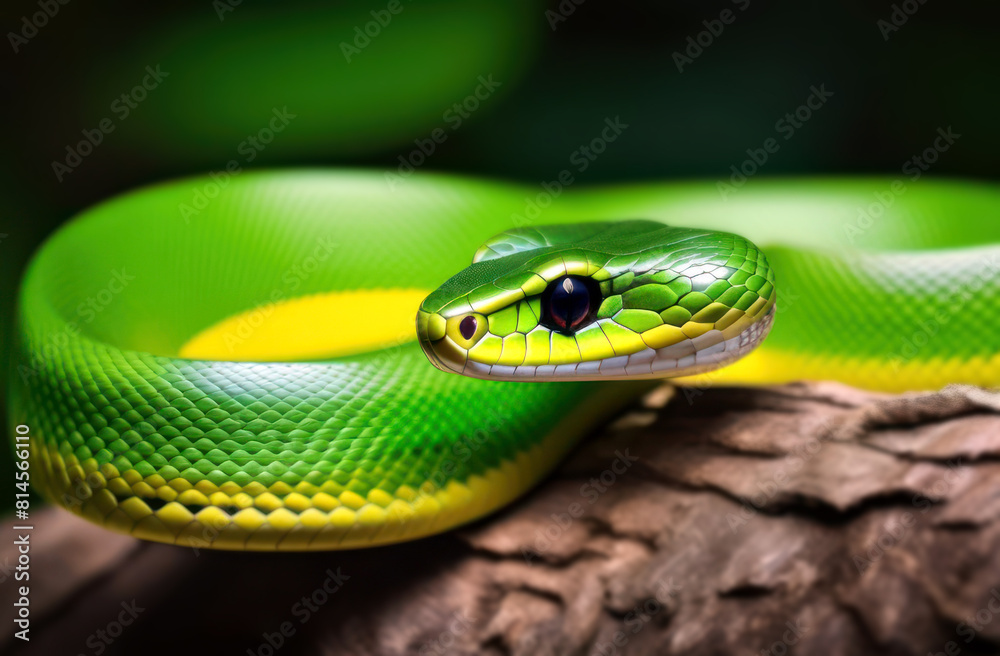 Obraz premium A green snake crawls along a tree branch in close-up against a blurry forest background