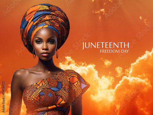 African American woman wearing an African turban with Juneteenth flag colors. Juneteenth.