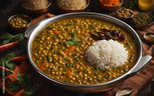 Nepalese dal bhat, lentil soup, rice, side dishes, vibrant, traditional dinner spread photo