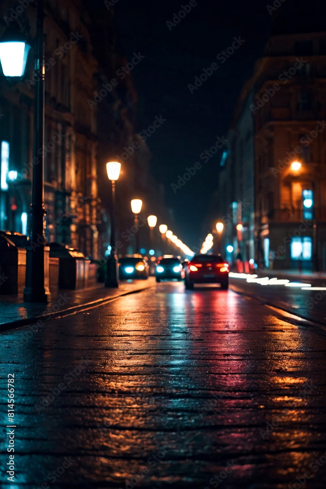 Colorful background of night street with defocused light cars and street lamps. Abstract backdrop of bokeh blurred lights at city life. Concept of cityscape backgrounds for design. Copy text space