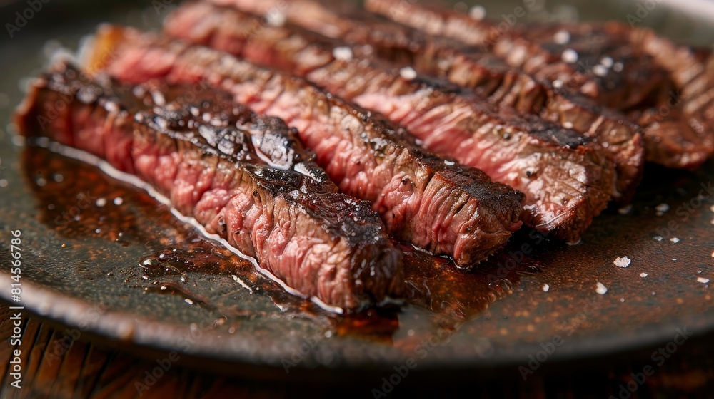Rare skirt steak on a plate, close-up view, highlighting the tender and juicy center with a charred exterior, studio lighting Rare skirt steak on a plate, close-up view, highlighting the tender and juicy center with a charred exterior, studio lighting