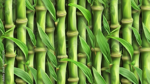 A seamless pattern of green bamboo stalks. The stalks are straight and vertical  with long  narrow leaves.